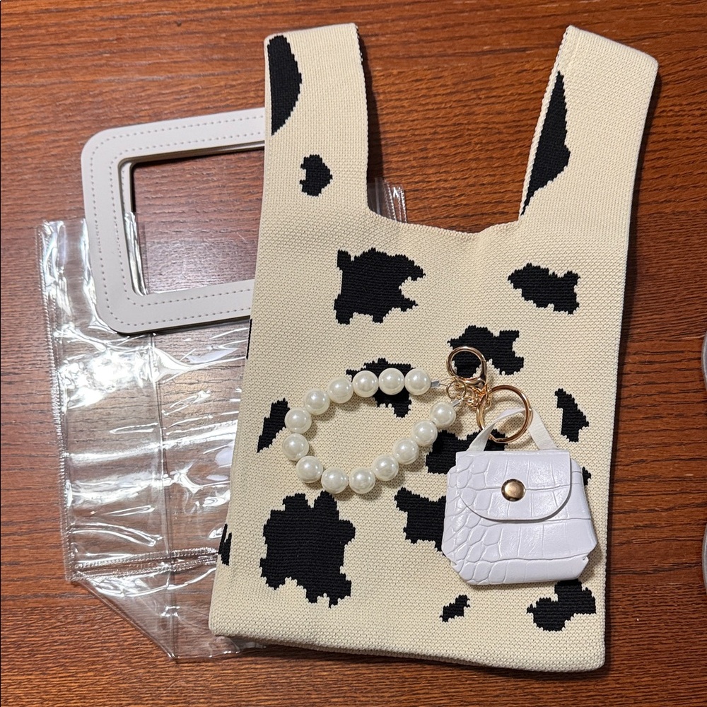 Cow Print Tote with Pearl Keychain and additional clear bag